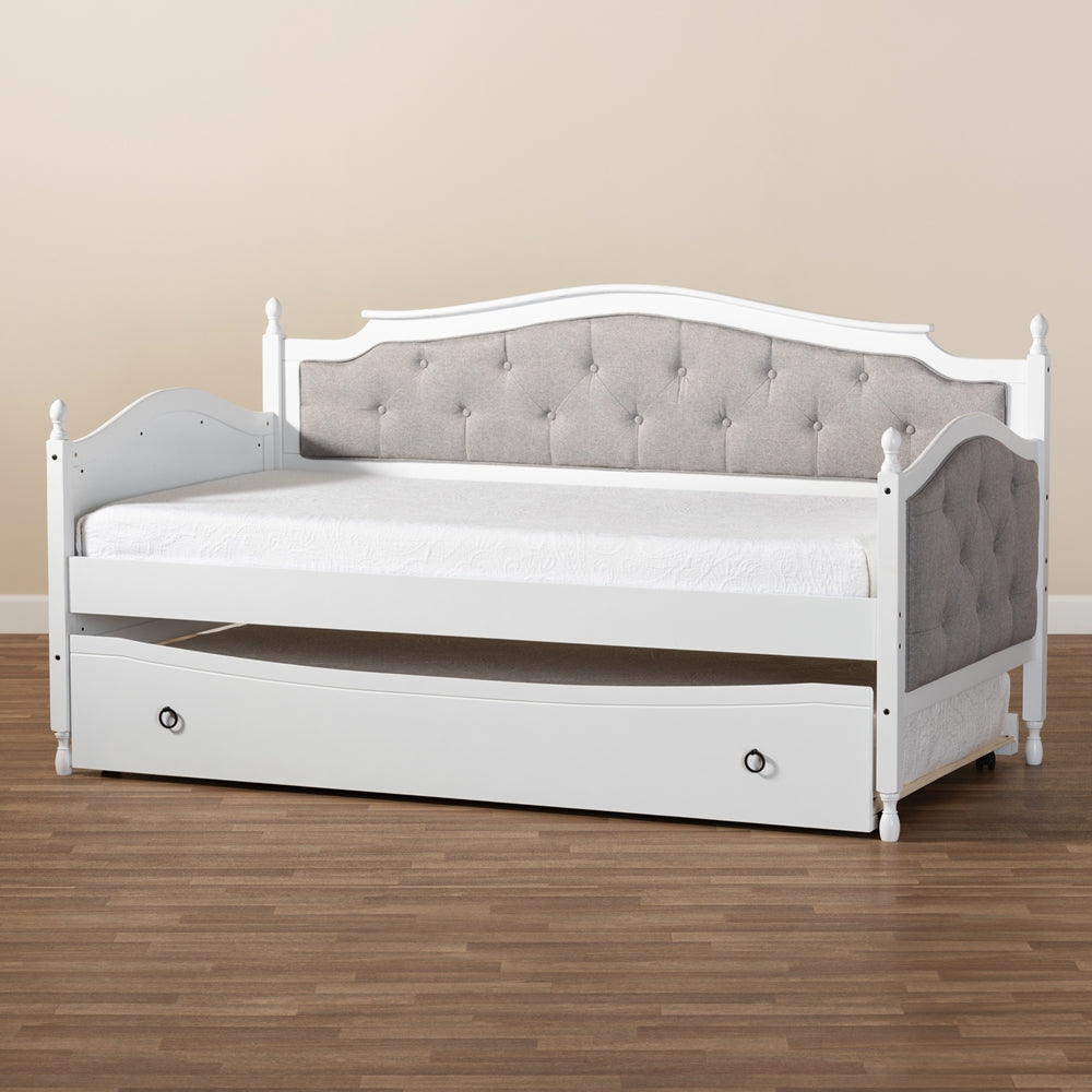 Marlie Twin Daybed Grey Fabric White Wood Traditional Style with Trundle