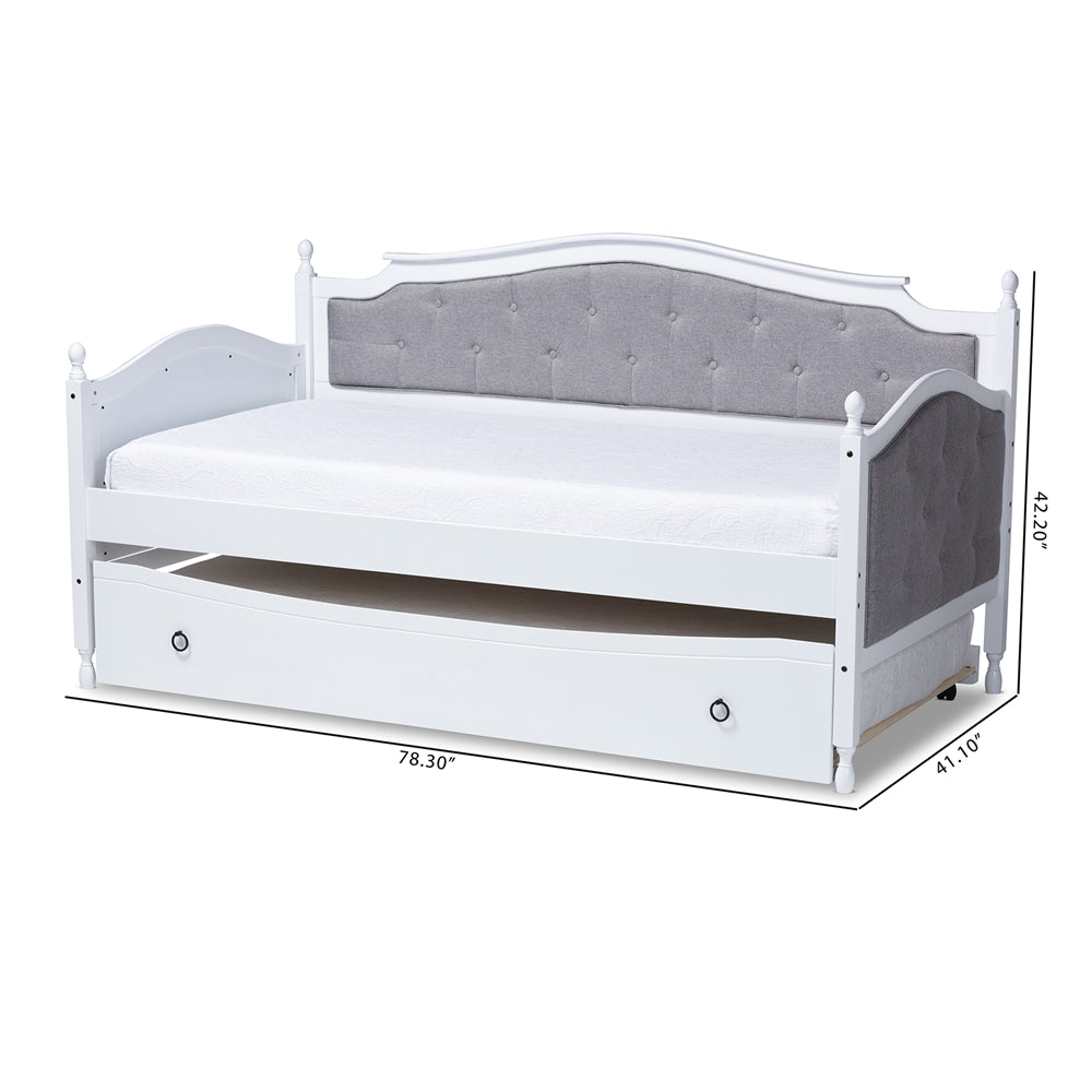 Marlie Twin Daybed Grey Fabric White Wood Traditional Style with Trundle