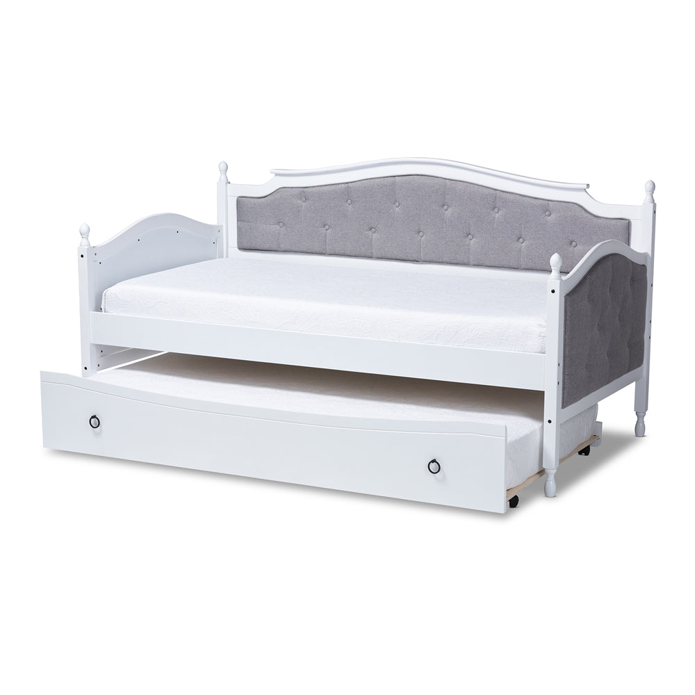 Marlie Twin Daybed Grey Fabric White Wood Traditional Style with Trundle