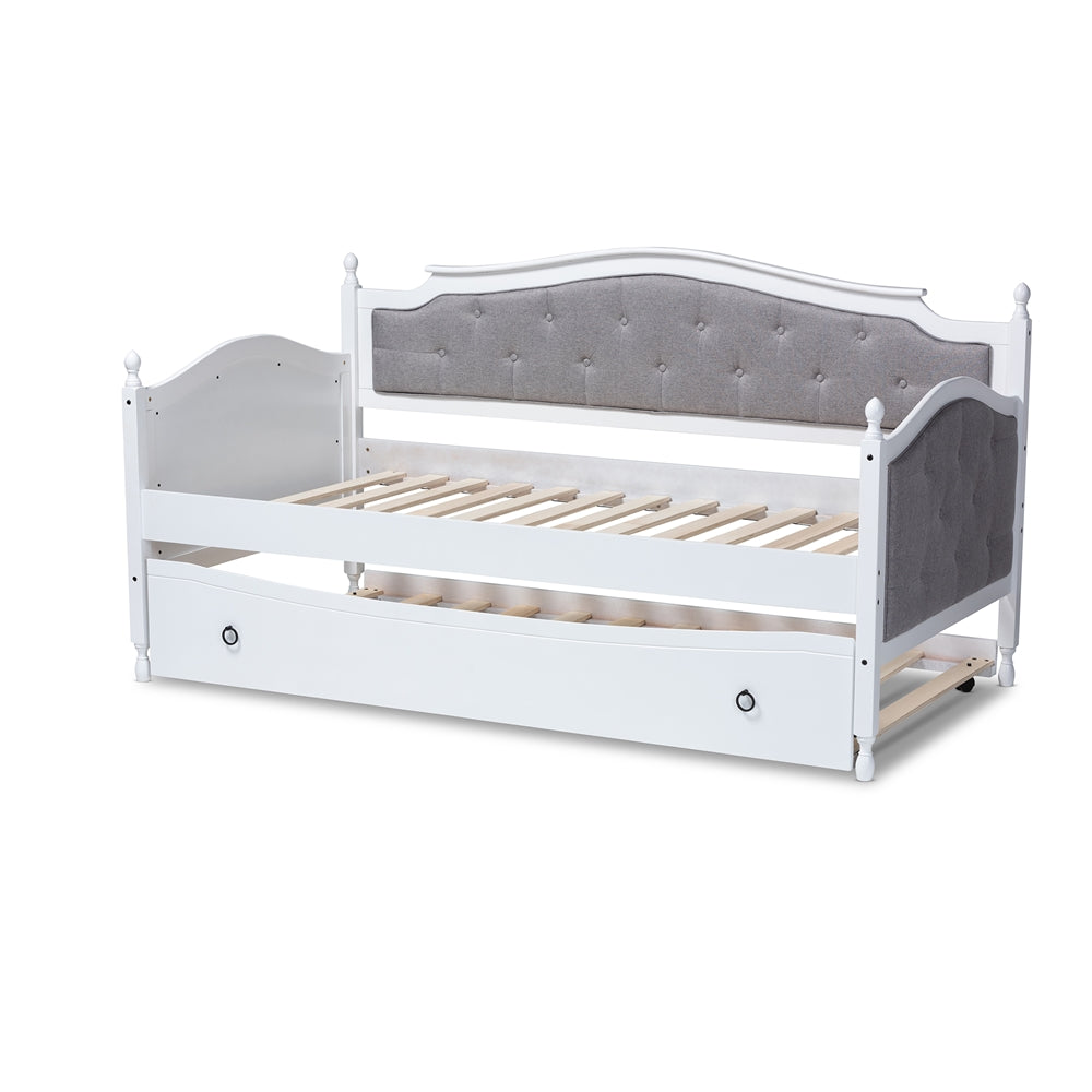 Marlie Twin Daybed Grey Fabric White Wood Traditional Style with Trundle