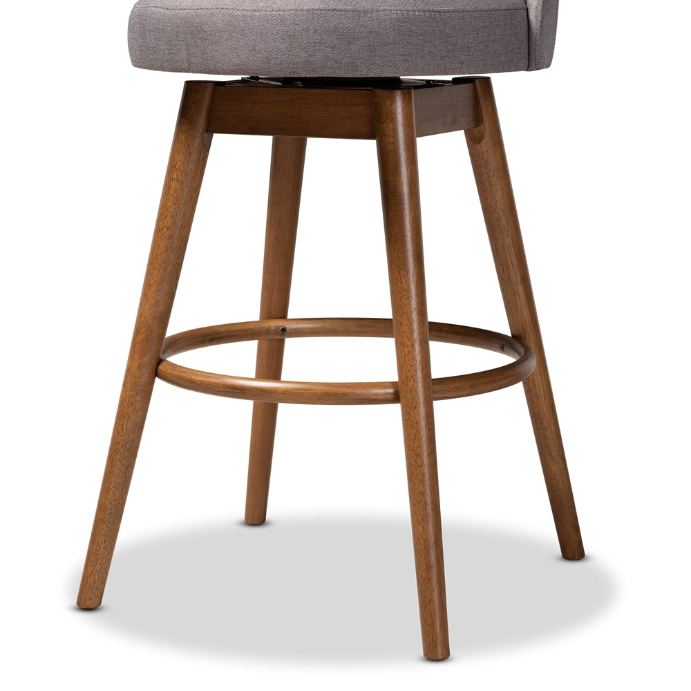 Carra Mid-Century Modern Grey Fabric Upholstered Walnut-Finished Wood Swivel Bar Stool Set of 2