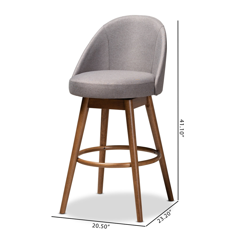 Carra Mid-Century Modern Grey Fabric Upholstered Walnut-Finished Wood Swivel Bar Stool Set of 2
