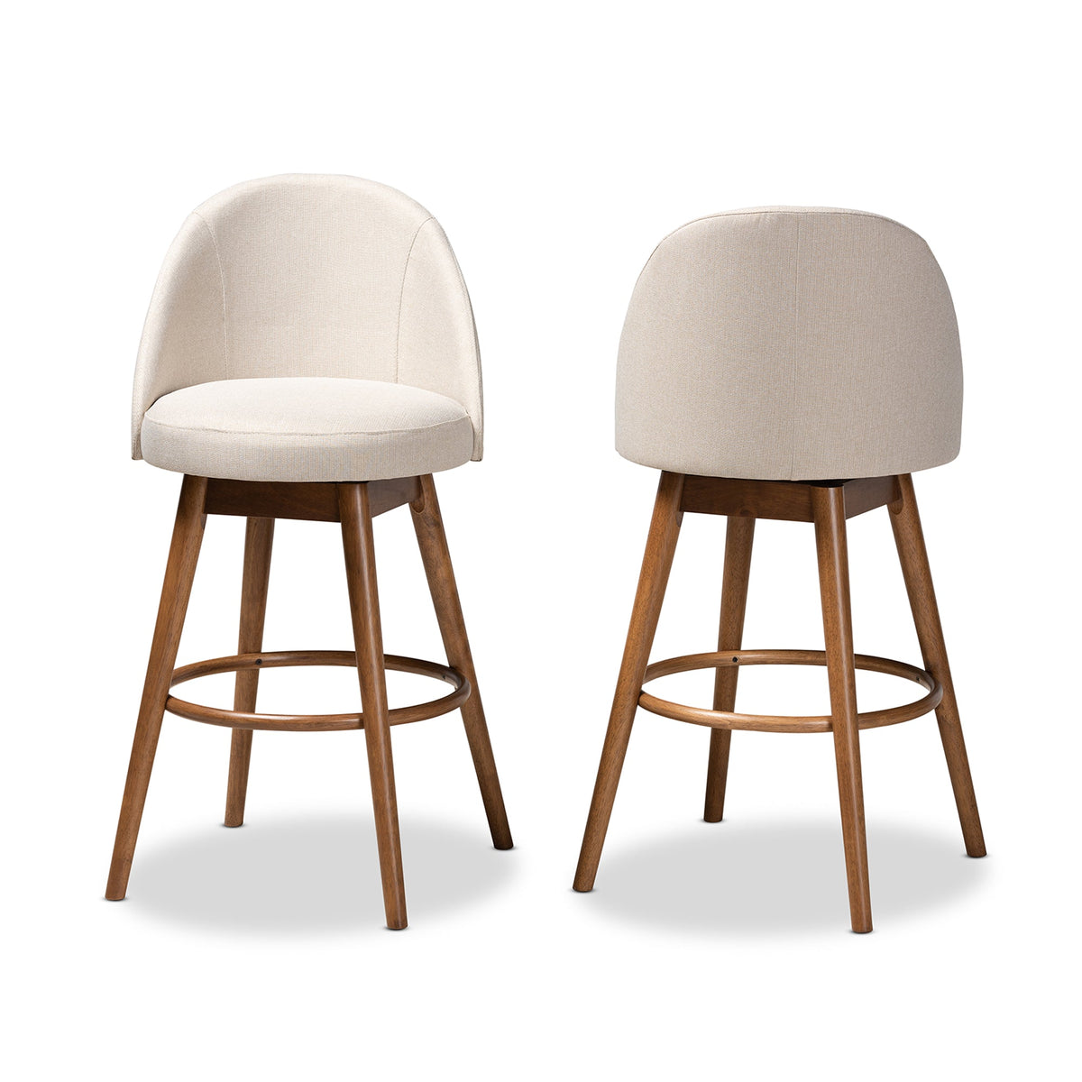 Carra Mid-Century Modern Light Beige Fabric Upholstered Walnut-Finished Wood 2-Piece Swivel Bar Stool Set