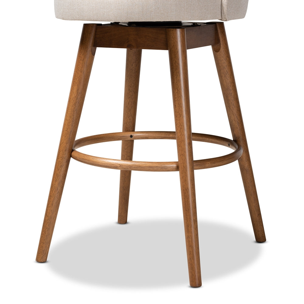 Carra Mid-Century Modern Light Beige Fabric Upholstered Walnut-Finished Wood 2-Piece Swivel Bar Stool Set