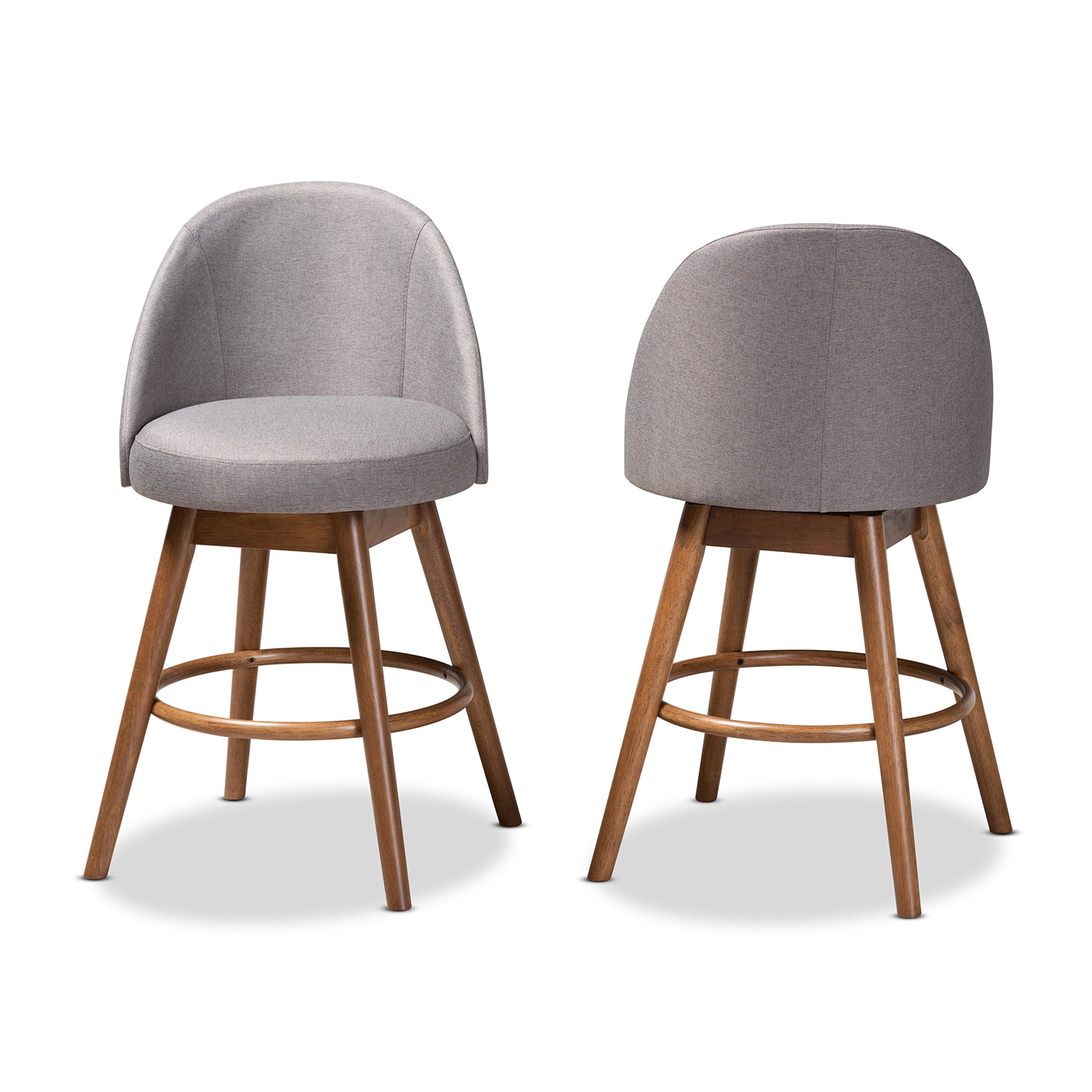 Baxton Studio Carra Mid-Century Modern Grey Fabric Upholstered Walnut-Finished Wood Swivel Counter Stool Set of 2