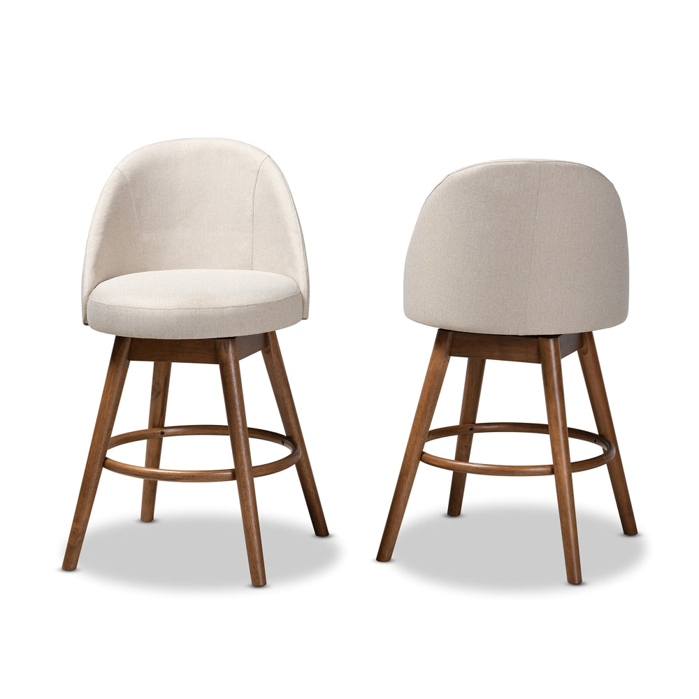 Carra Mid-Century Modern Light Beige Fabric Upholstered Walnut-Finished Wood Swivel Counter Stool Set of 2