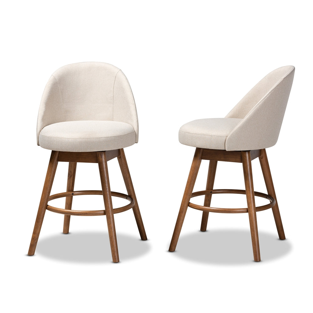 Carra Mid-Century Modern Light Beige Fabric Upholstered Walnut-Finished Wood Swivel Counter Stool Set of 2
