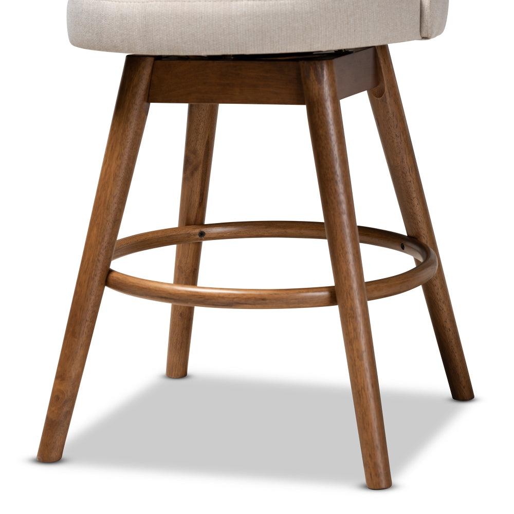 Carra Mid-Century Modern Light Beige Fabric Upholstered Walnut-Finished Wood Swivel Counter Stool Set of 2