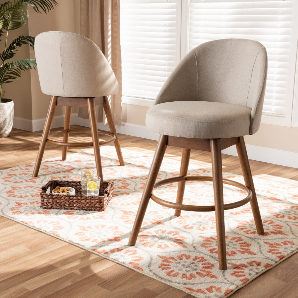 Carra Mid-Century Modern Light Beige Fabric Upholstered Walnut-Finished Wood Swivel Counter Stool Set of 2
