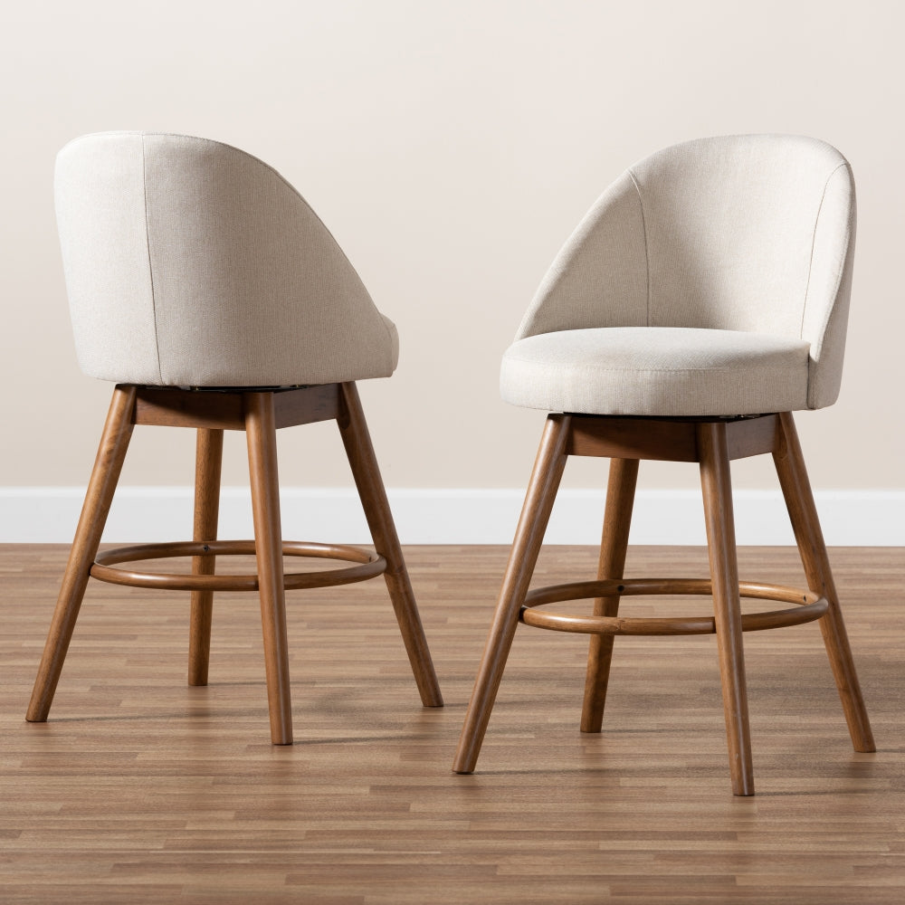 Carra Mid-Century Modern Light Beige Fabric Upholstered Walnut-Finished Wood Swivel Counter Stool Set of 2