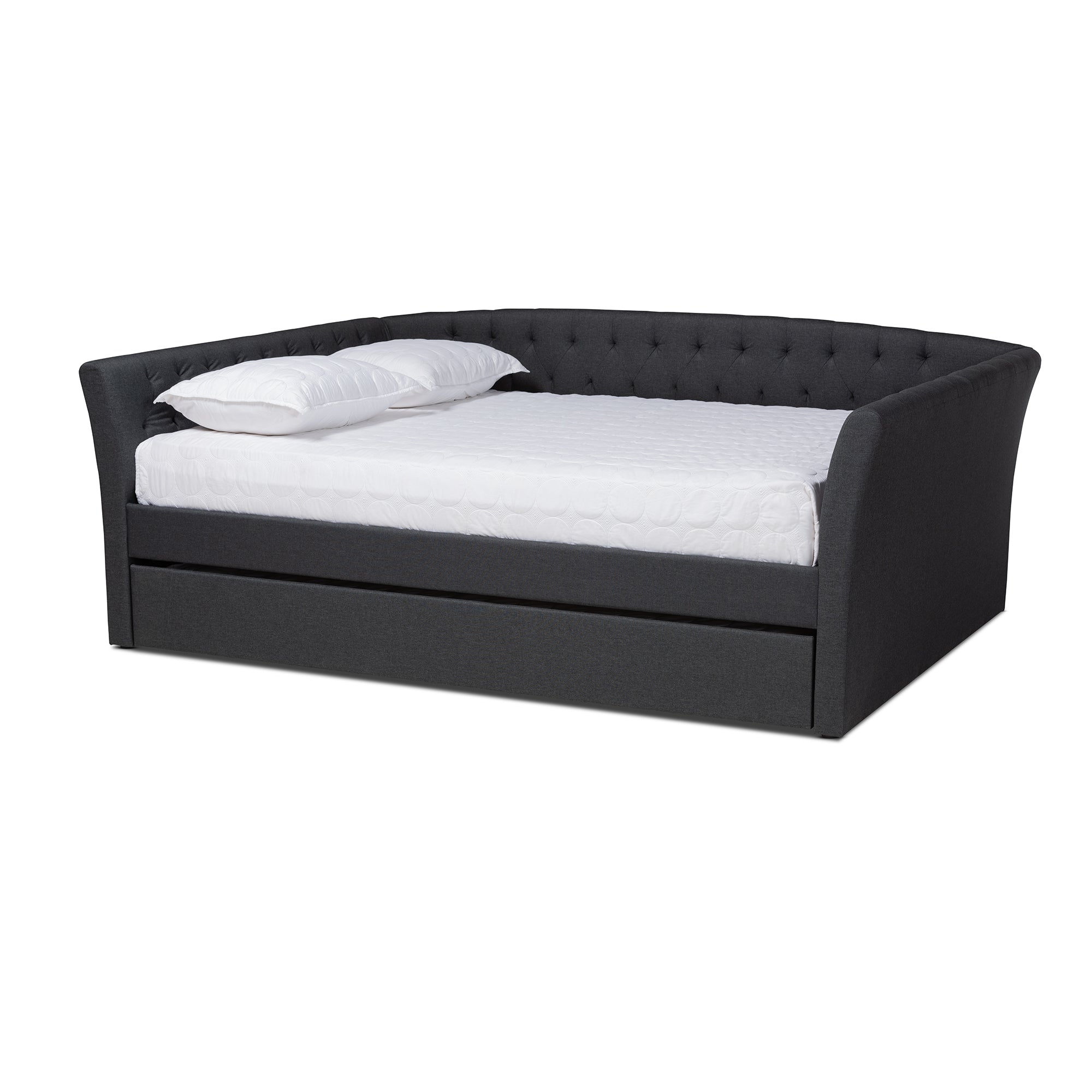 Delora Modern and Contemporary Dark Grey Fabric Upholstered Full Size Daybed with Roll-Out Trundle Bed