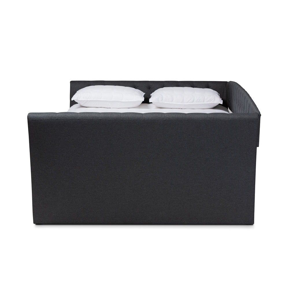 Delora Modern and Contemporary Dark Grey Fabric Upholstered Full Size Daybed with Roll-Out Trundle Bed