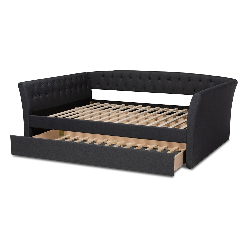 Delora Modern and Contemporary Dark Grey Fabric Upholstered Full Size Daybed with Roll-Out Trundle Bed