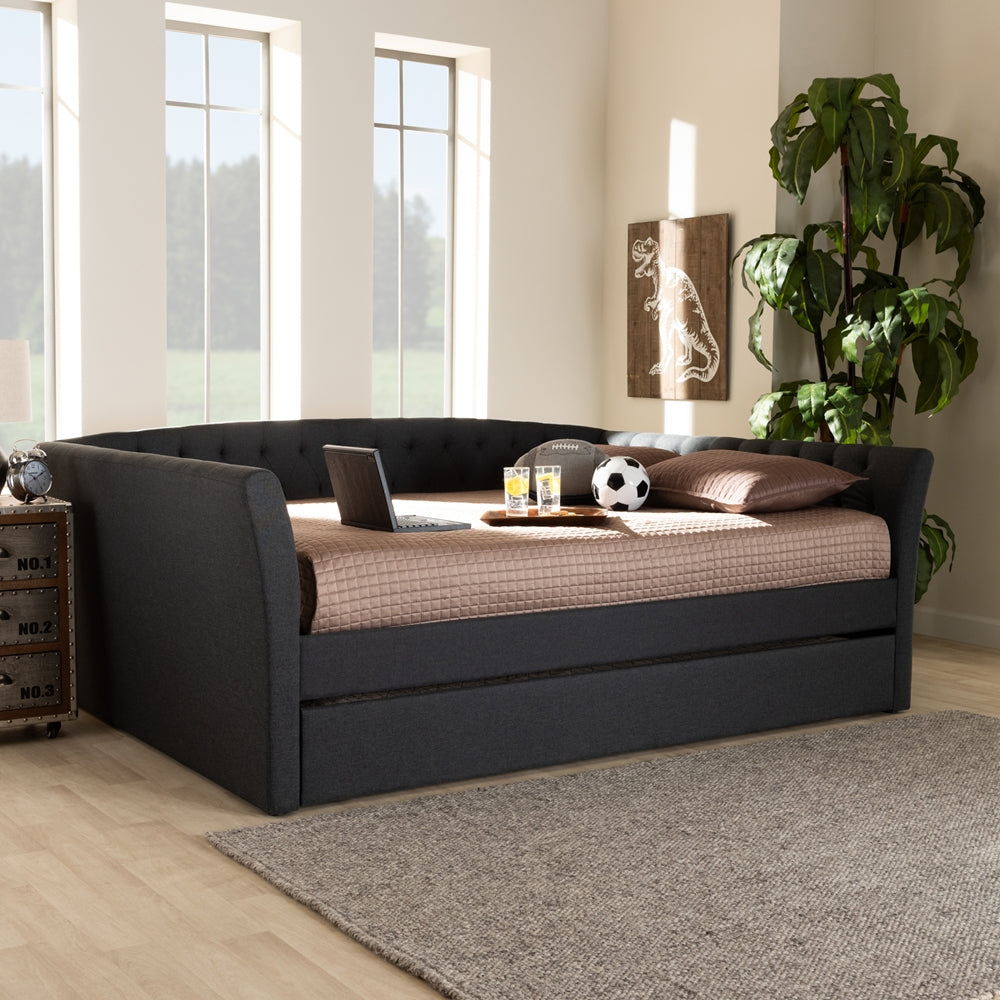 Delora Modern and Contemporary Dark Grey Fabric Upholstered Full Size Daybed with Roll-Out Trundle Bed