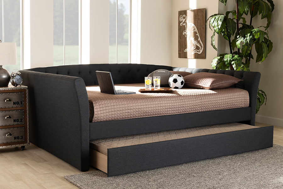 Delora Modern and Contemporary Dark Grey Fabric Upholstered Full Size Daybed with Roll-Out Trundle Bed