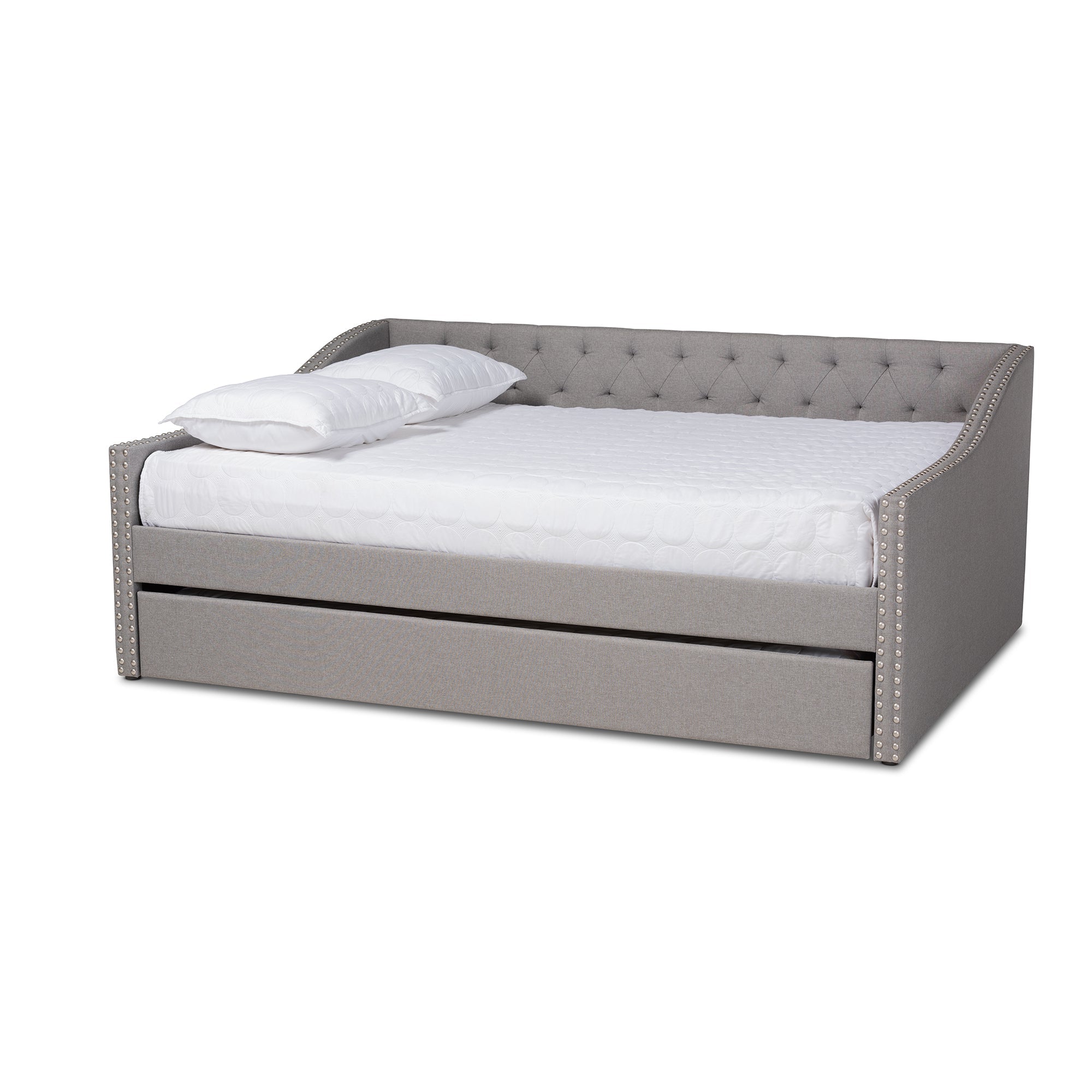 Haylie Modern and Contemporary Light Grey Fabric Upholstered Queen Size Daybed with Roll-Out Trundle Bed
