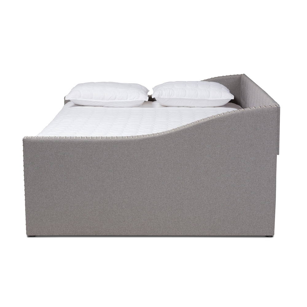 Haylie Modern and Contemporary Light Grey Fabric Upholstered Queen Size Daybed with Roll-Out Trundle Bed