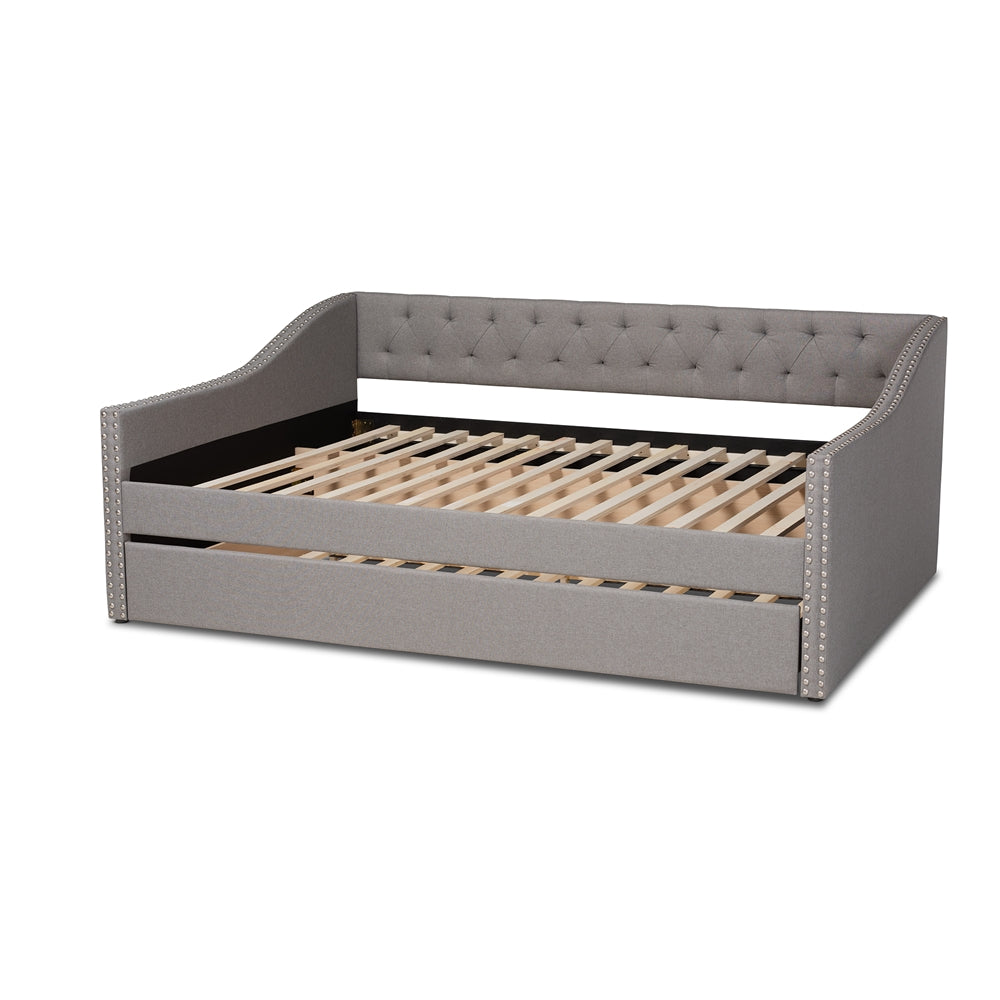 Haylie Modern and Contemporary Light Grey Fabric Upholstered Queen Size Daybed with Roll-Out Trundle Bed