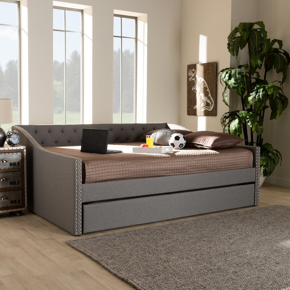 Haylie Modern and Contemporary Light Grey Fabric Upholstered Queen Size Daybed with Roll-Out Trundle Bed