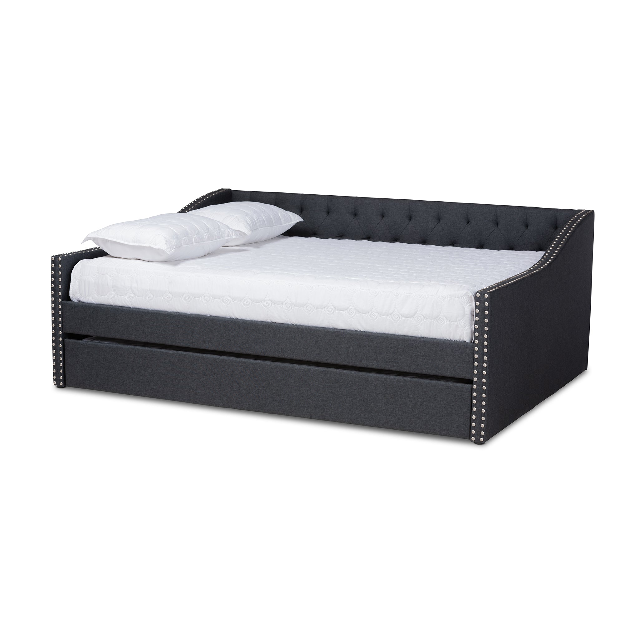 Haylie Modern and Contemporary Dark Grey Fabric Upholstered Queen Size Daybed with Roll-Out Trundle Bed