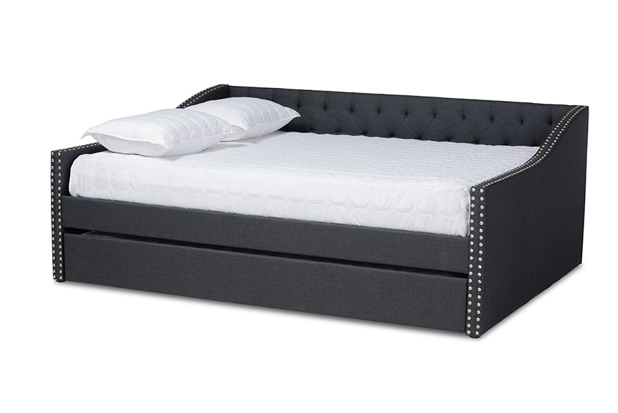 Haylie Modern and Contemporary Dark Grey Fabric Upholstered Queen Size Daybed with Roll-Out Trundle Bed