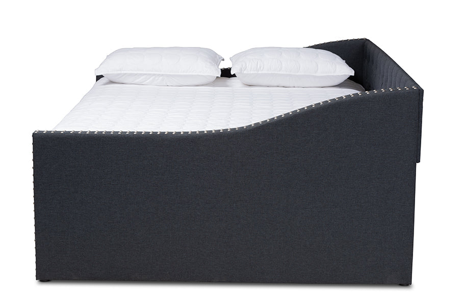 Haylie Modern and Contemporary Dark Grey Fabric Upholstered Queen Size Daybed with Roll-Out Trundle Bed