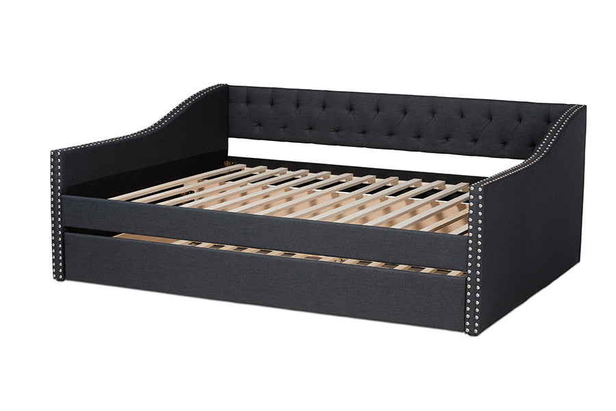 Haylie Modern and Contemporary Dark Grey Fabric Upholstered Queen Size Daybed with Roll-Out Trundle Bed