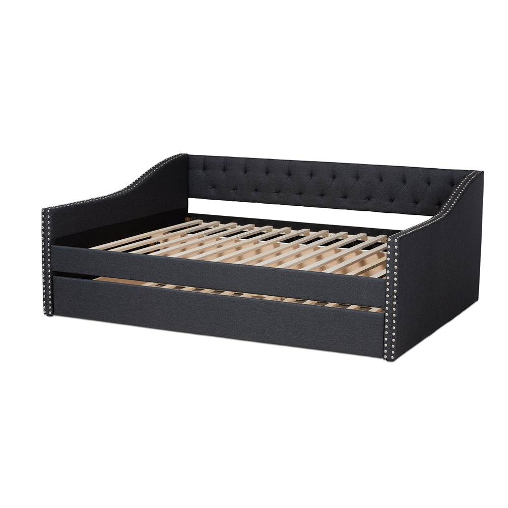 Haylie Modern and Contemporary Dark Grey Fabric Upholstered Queen Size Daybed with Roll-Out Trundle Bed