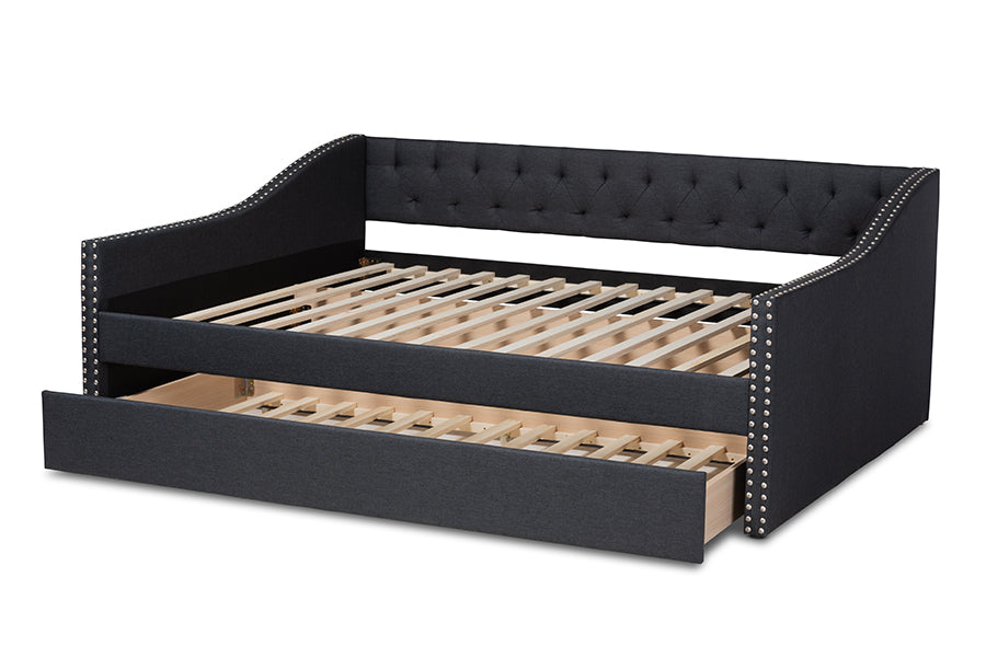 Haylie Modern and Contemporary Dark Grey Fabric Upholstered Queen Size Daybed with Roll-Out Trundle Bed