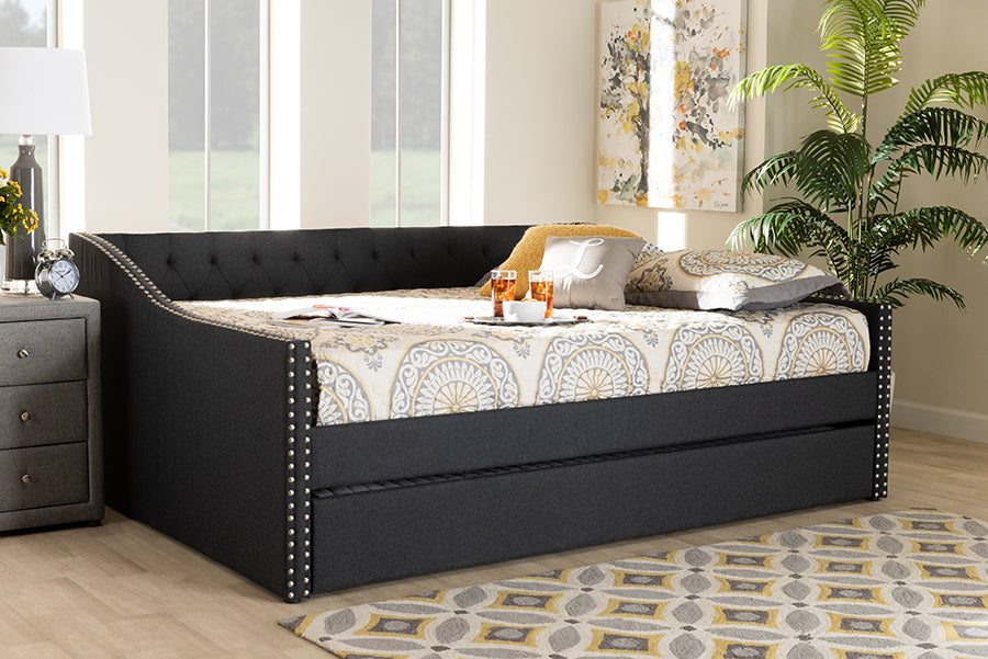 Haylie Modern and Contemporary Dark Grey Fabric Upholstered Queen Size Daybed with Roll-Out Trundle Bed