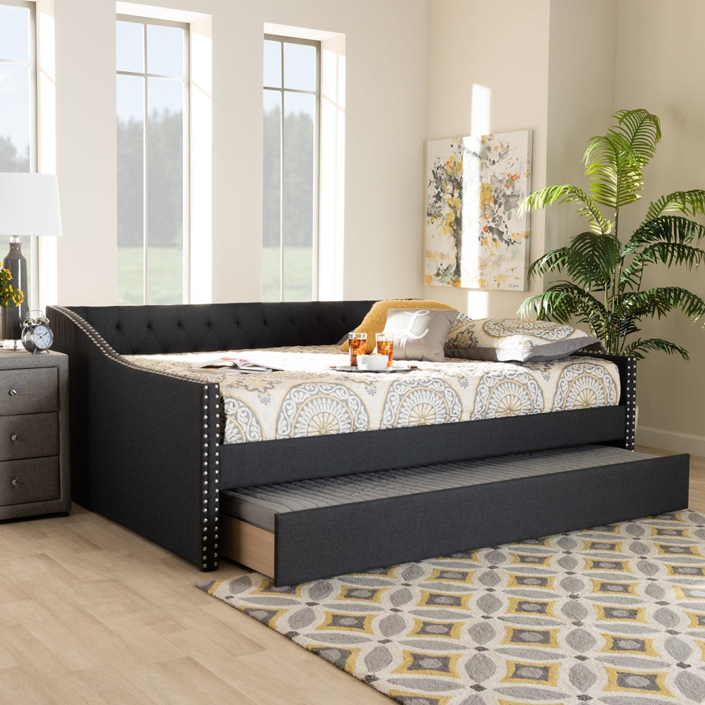 Haylie Modern and Contemporary Dark Grey Fabric Upholstered Queen Size Daybed with Roll-Out Trundle Bed