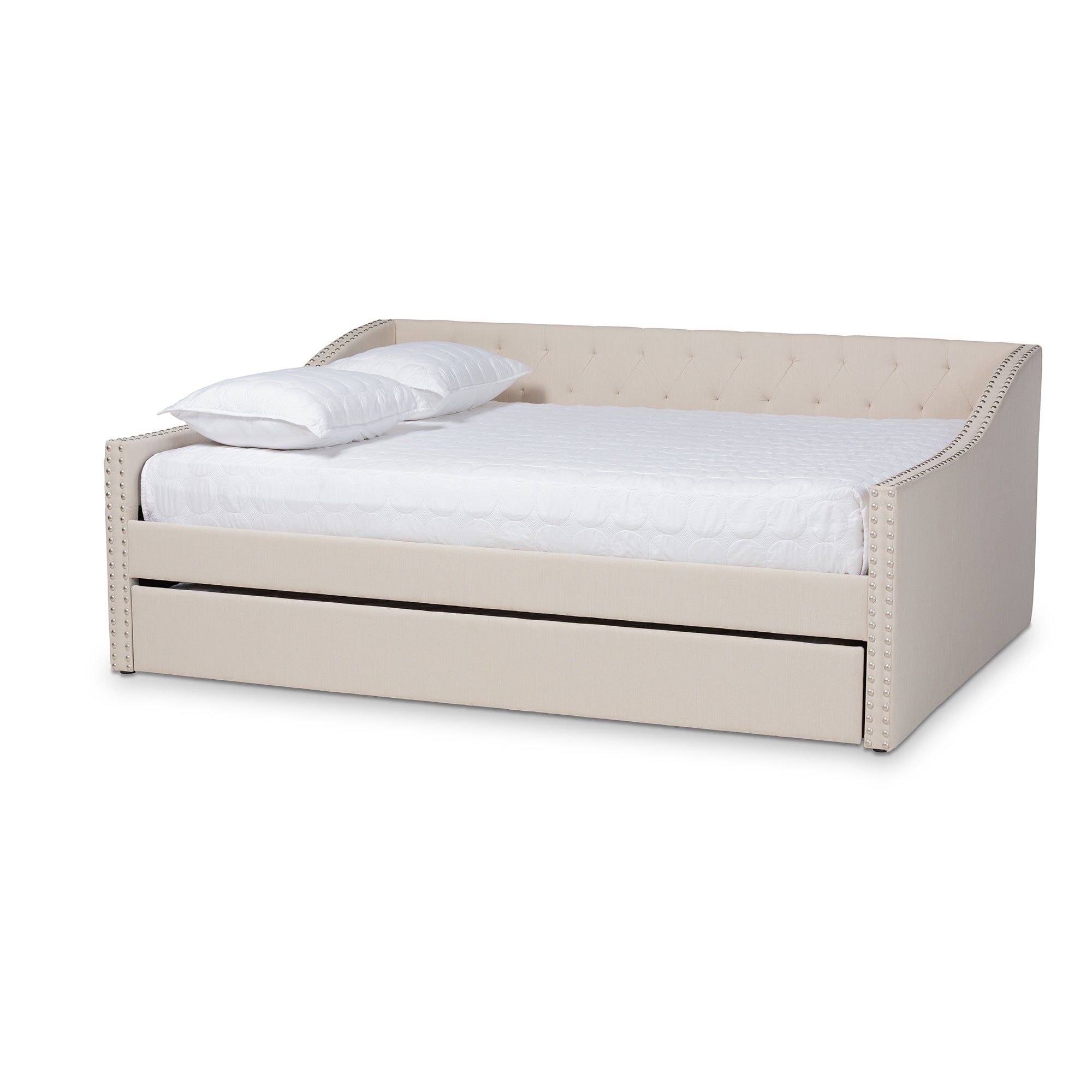 Haylie Modern and Contemporary Beige Fabric Upholstered Full Size Daybed with Roll-Out Trundle Bed