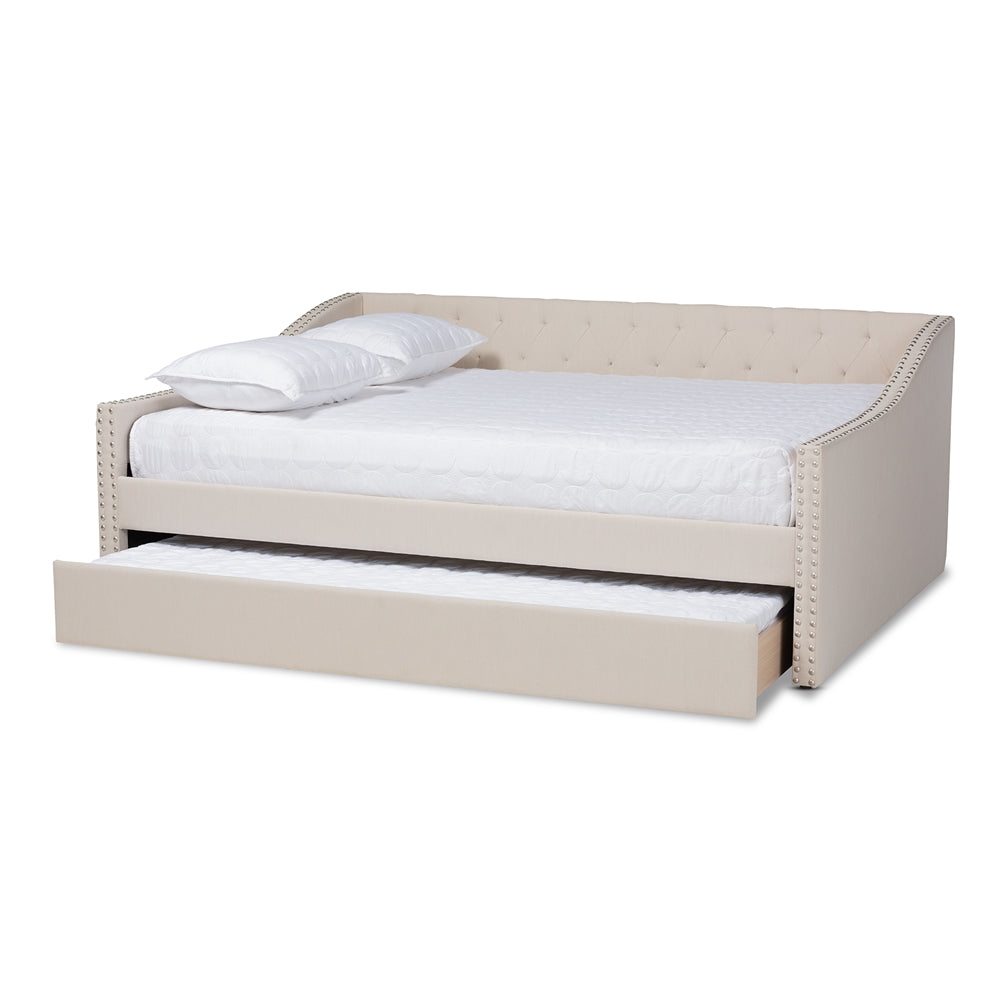 Haylie Beige Fabric Upholstered Queen Size Daybed with Roll-Out Trundle Bed