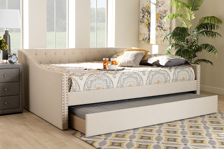 Haylie Beige Fabric Upholstered Queen Size Daybed with Roll-Out Trundle Bed