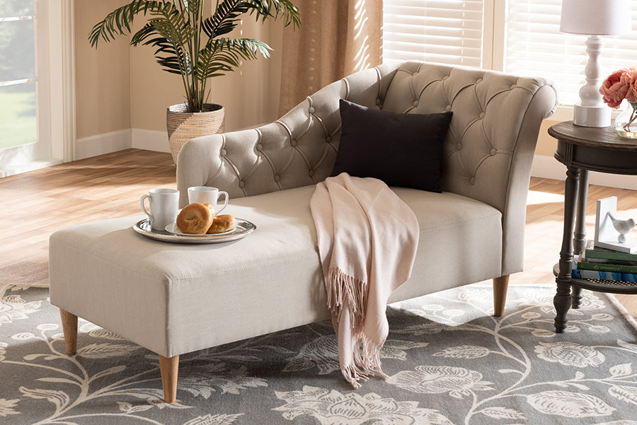 Emeline Modern and Contemporary Beige Fabric Upholstered Oak Finished Chaise Lounge