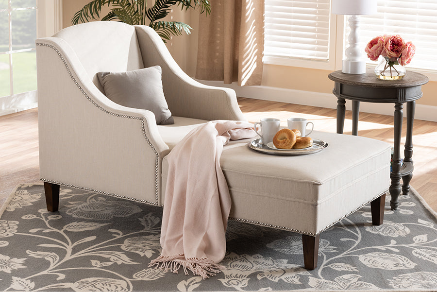 Leonie Modern and Contemporary Beige Fabric Upholstered Wenge Brown Finished Chaise Lounge