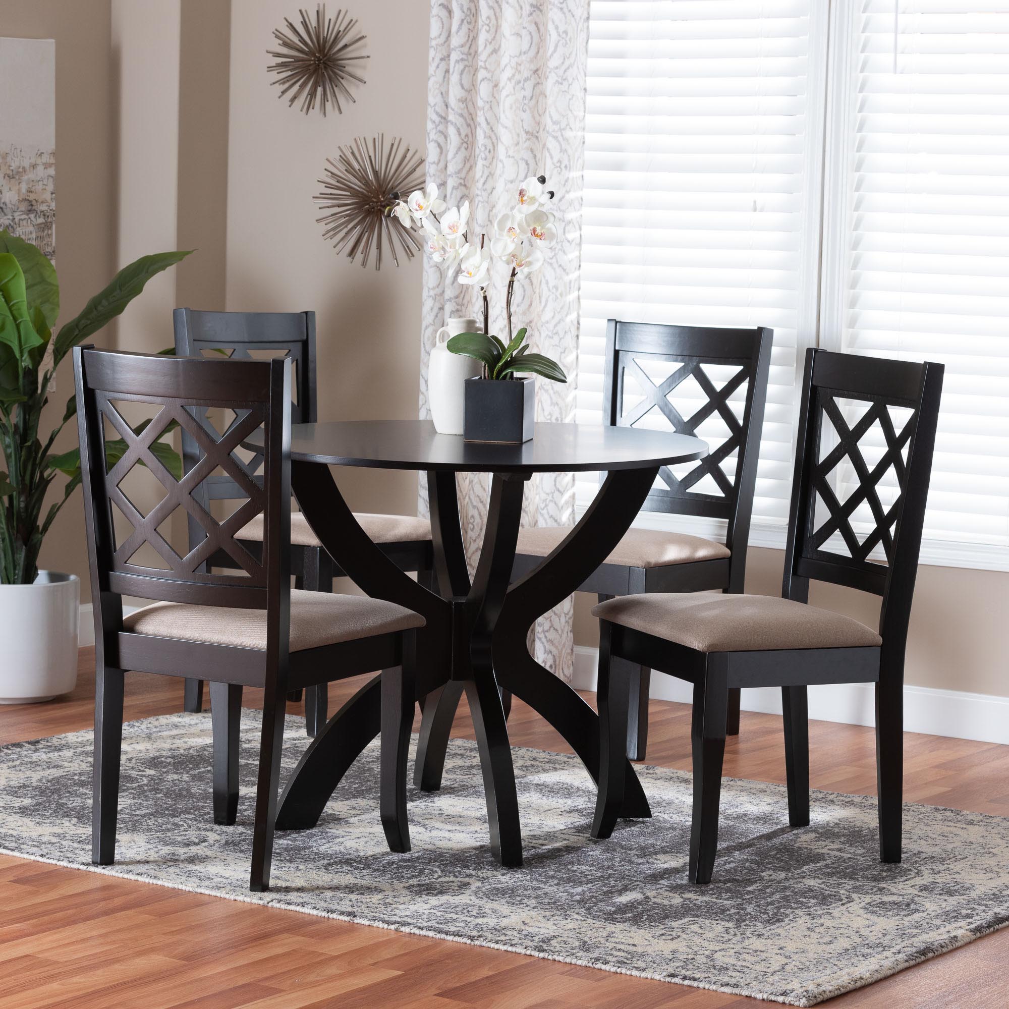 Savina Modern Sand Fabric and Dark Brown Wood 5-Piece Dining Set