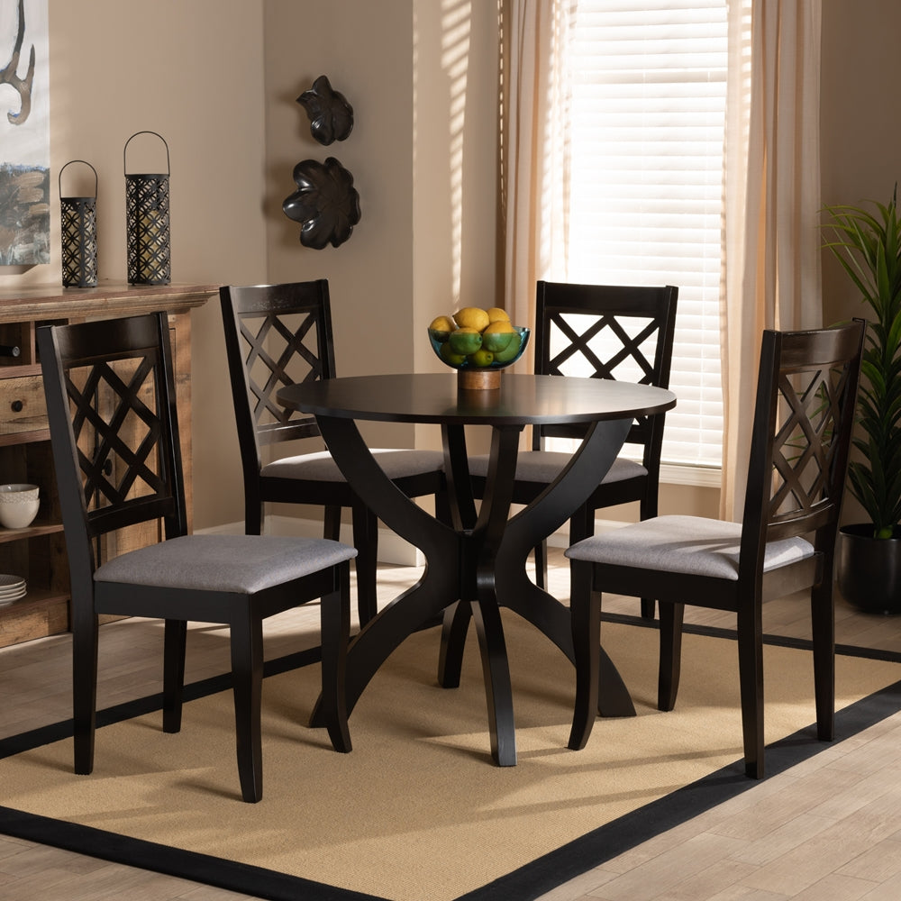 Savina Modern and Contemporary Grey Fabric Upholstered and Dark Brown Finished Wood 5-Piece Dining Set