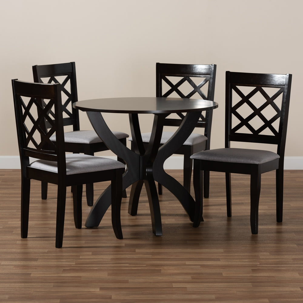 Savina Modern and Contemporary Grey Fabric Upholstered and Dark Brown Finished Wood 5-Piece Dining Set