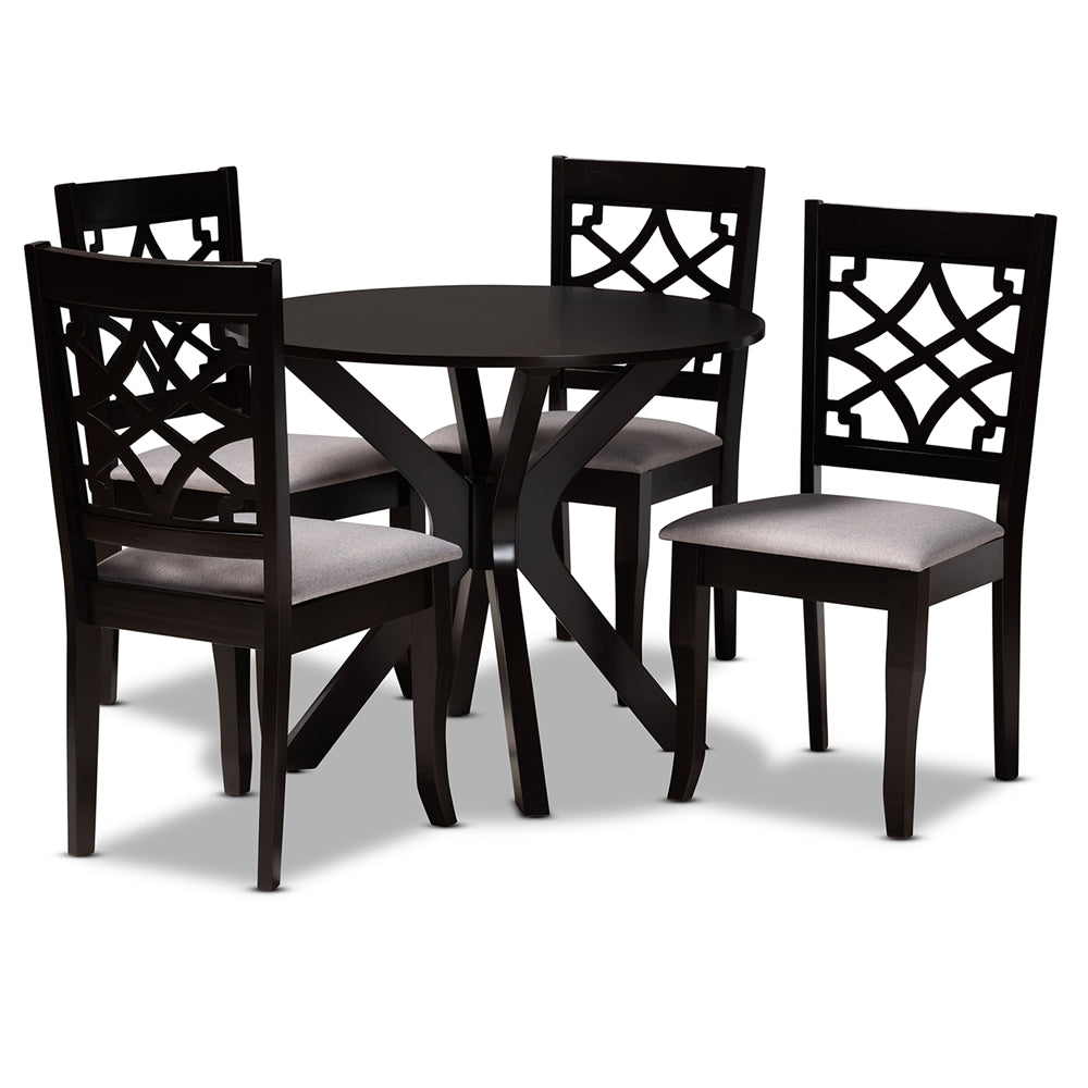Elena Modern and Contemporary Grey Fabric Upholstered and Dark Brown Finished Wood 5-Piece Dining Set