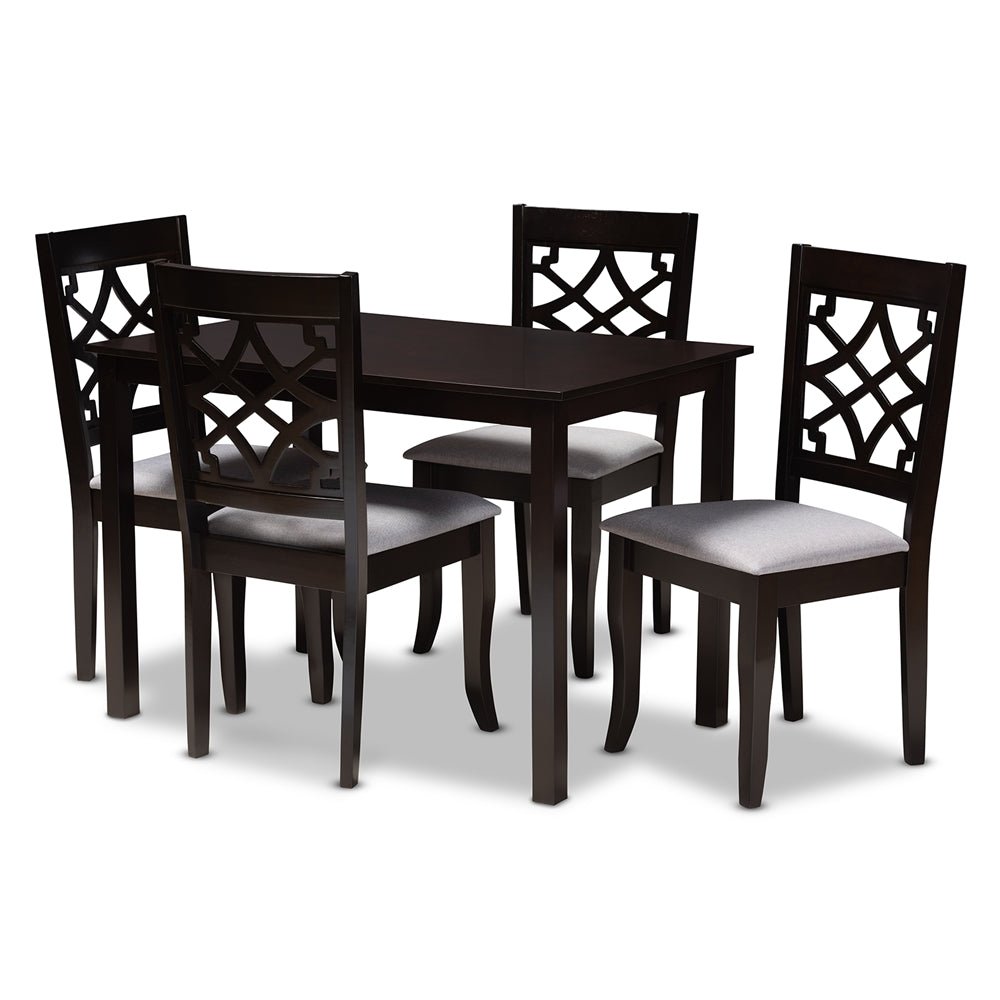 Mael Modern and Contemporary Grey Fabric Upholstered Espresso Brown Finished 5-Piece Wood Dining Set
