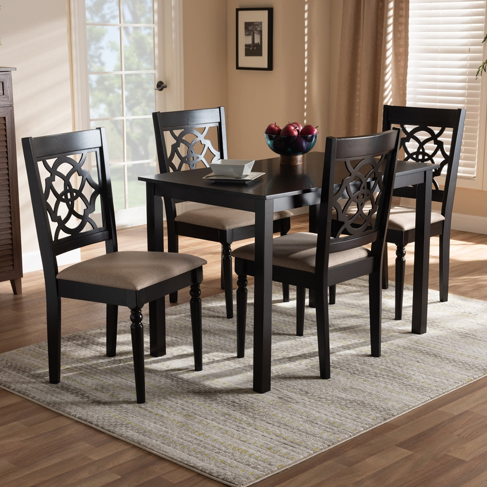 Renaud Modern and Contemporary Sand Fabric Upholstered Espresso Brown Finished 5-Piece Wood Dining Set