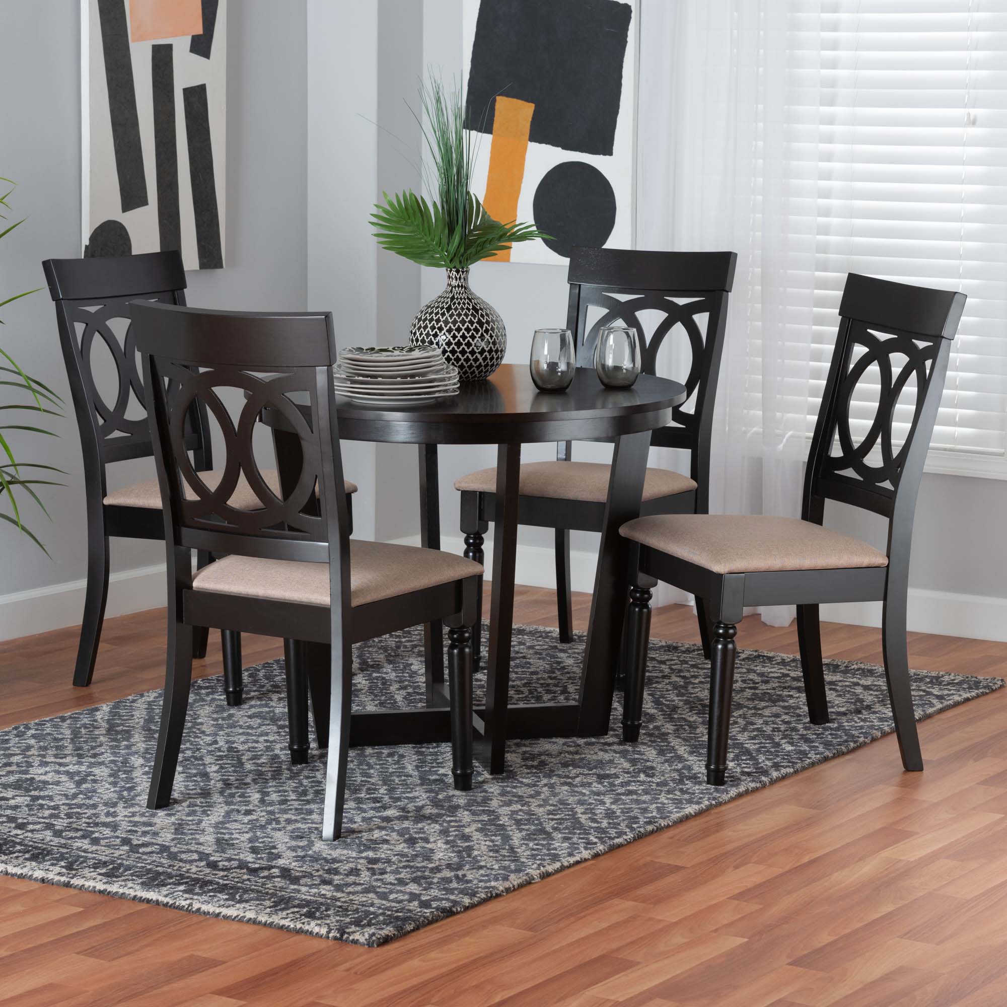 Estelle Modern Beige Fabric and Dark Brown Finished Wood 5-Piece Dining Set