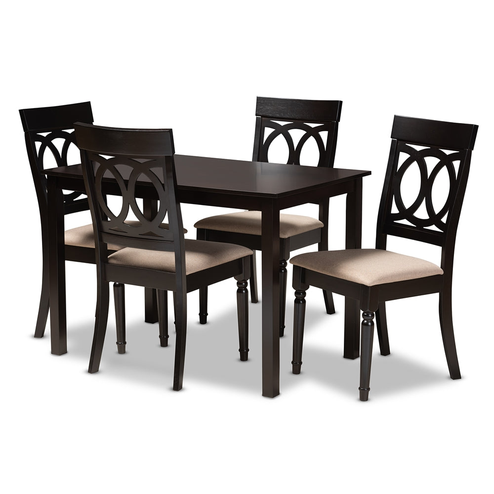 Lucie Modern and Contemporary Sand Fabric Upholstered Espresso Brown Finished 5-Piece Wood Dining Set