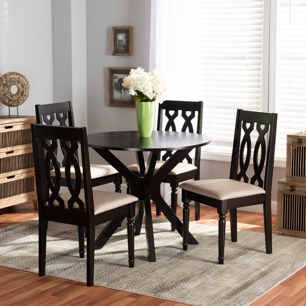 Callie Modern and Contemporary Sand Fabric Upholstered and Dark Brown Finished Wood 5-Piece Dining Set