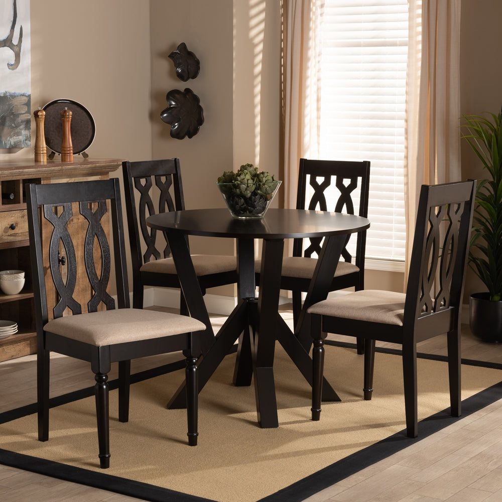 Anise Modern and Contemporary Sand Fabric Upholstered and Dark Brown Finished Wood 5-Piece Dining Set