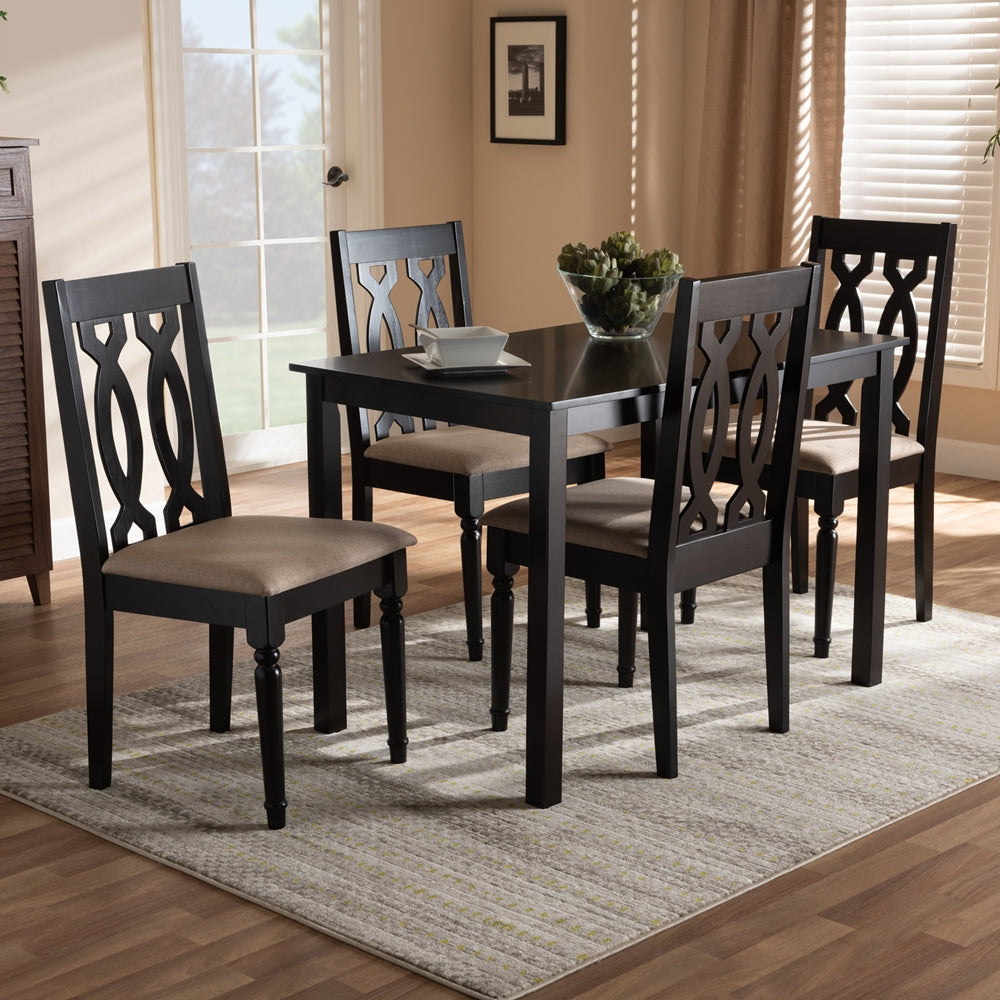 Cherese Modern and Contemporary Sand Fabric Upholstered Espresso Brown Finished 5-Piece Wood Dining Set