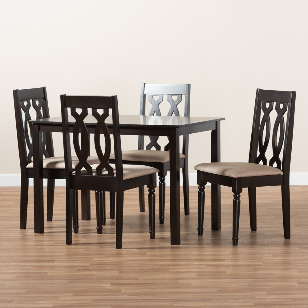Cherese Modern and Contemporary Sand Fabric Upholstered Espresso Brown Finished 5-Piece Wood Dining Set