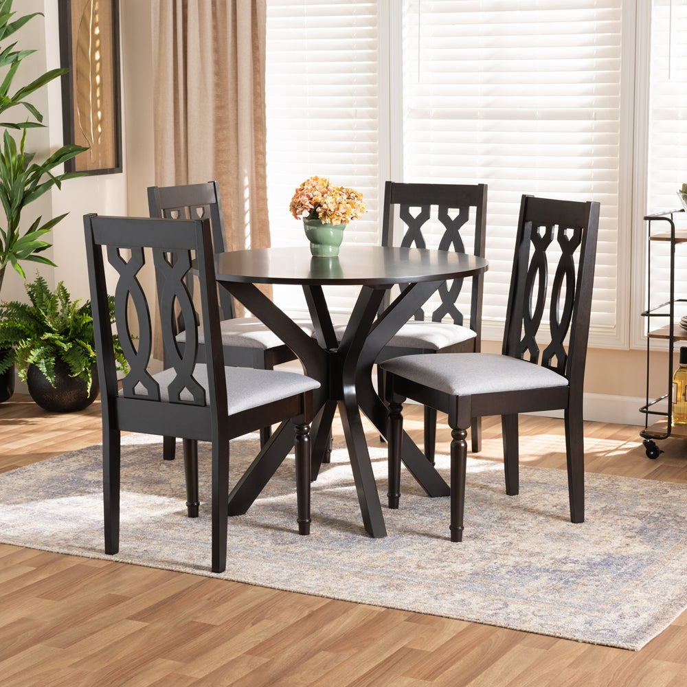 Callie Modern and Contemporary Grey Fabric Upholstered and Dark Brown Finished Wood 5-Piece Dining Set