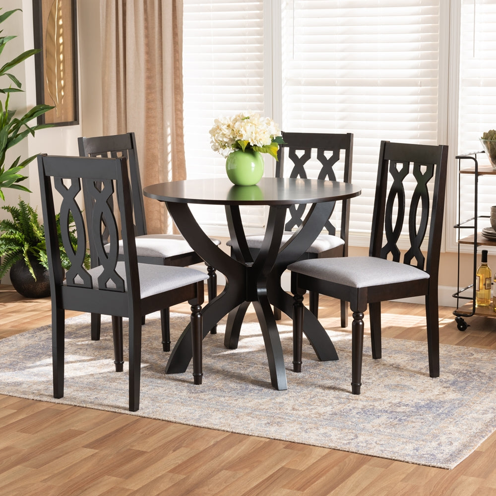 Mona Modern and Contemporary Grey Fabric Upholstered and Dark Brown Finished Wood 5-Piece Dining Set